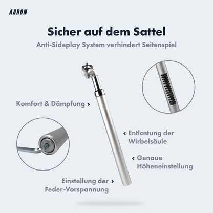 AARON Spring suspension seatpost with 30.9mm diameter | Sprung aluminum seatpost with 350mm length | Suspended bike seatpost for E-bikes, MTBs, trekking city bikes, and more. Silver