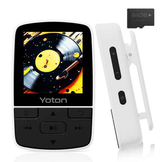 YOTON MP3 player with Bluetooth 5.2, 64GB storage, compact HiFi music player with sport clip, independent volume control, FM radio, includes headphones, white.