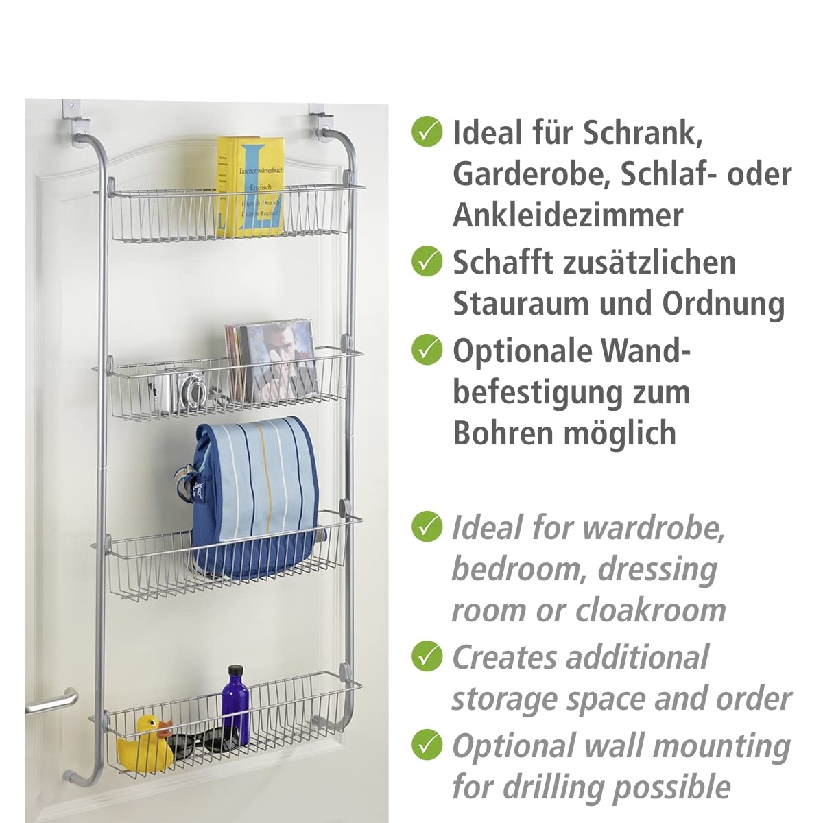 WENKO door rack with 4 baskets, storage and organization, 109 x 14 x 50 cm.