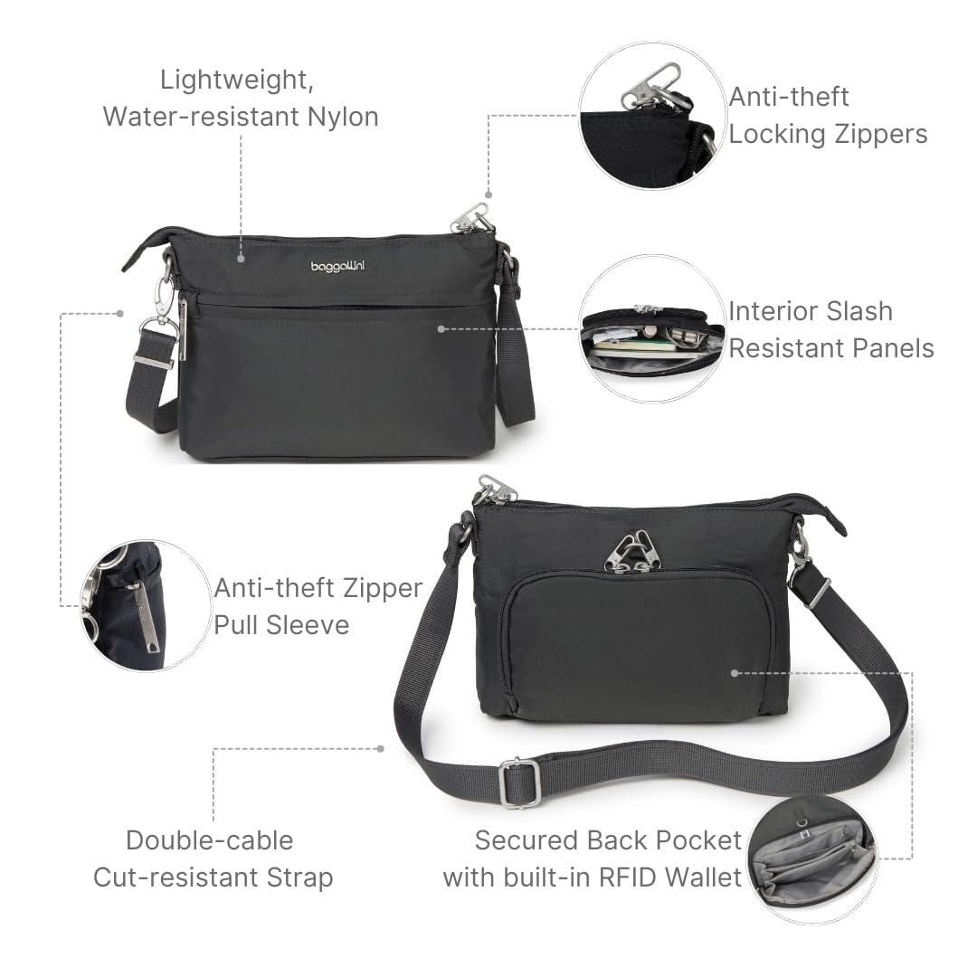 Baggallini Women's Securtex Anti-Theft Memento Crossbody Bag, Dark Gray