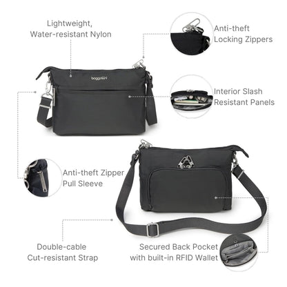 Baggallini Women's Securtex Anti-Theft Memento Crossbody Bag, Dark Gray
