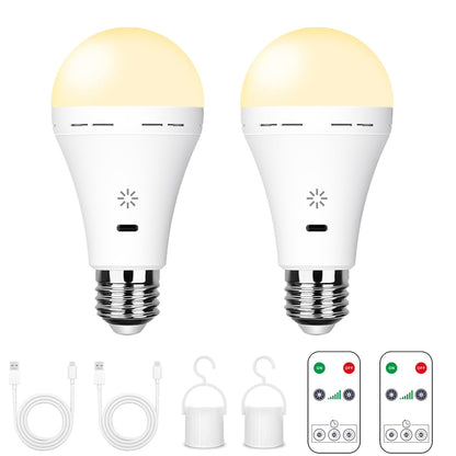 BOBOPAI USB-C Rechargeable Bulb With Remote Control, 7W E27 Smart Battery LED Bulb, Touch Control Dimmable, With Timing Function, Outdoor Camping Emergency Light With Hook, 3000k/2 pack