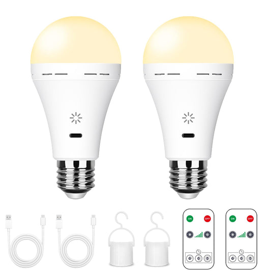 BOBOPAI USB-C Rechargeable Bulb With Remote Control, 7W E27 Smart Battery LED Bulb, Touch Control Dimmable, With Timing Function, Outdoor Camping Emergency Light With Hook, 3000k/2 pack