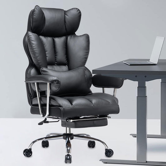 Efomao ergonomic office chair, PU leather executive chair, office chair 200 kg with footrest and lumbar support, Adjustable high back chair, Black