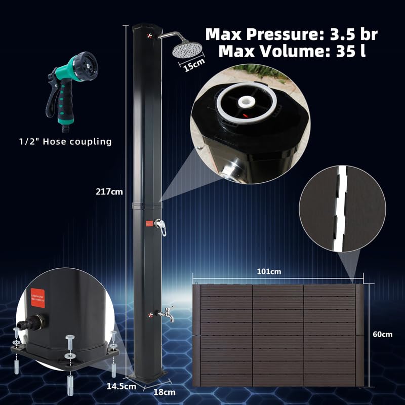 CCLIFE Solar Shower 35L with plastic base and handheld sprayer. Solar garden shower, pool shower, rain shower, outdoor shower. Garden shower for warm water.