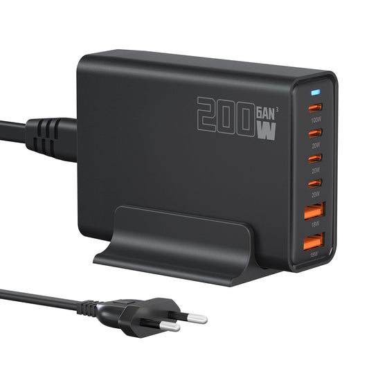 200W USB C charger, PD 100W fast charger 6 port charging station GaN-III Charger, power adapters compatible with MacBook Pro/Air, Dell XPS, iPhone 15/16/14/Pro, Samsung, Xiaomi, iPads, Steam Deck