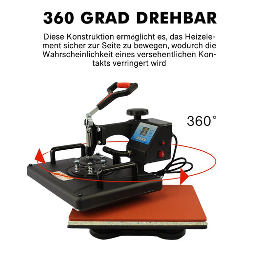 5 in 1 Heat Press Machine 38x30cm with 1000W power. The T-shirt heat press can rotate 360 degrees, ideal for DIY projects. It features a double digital display for easy operation. Great for sublimation and heat transfer printing.
