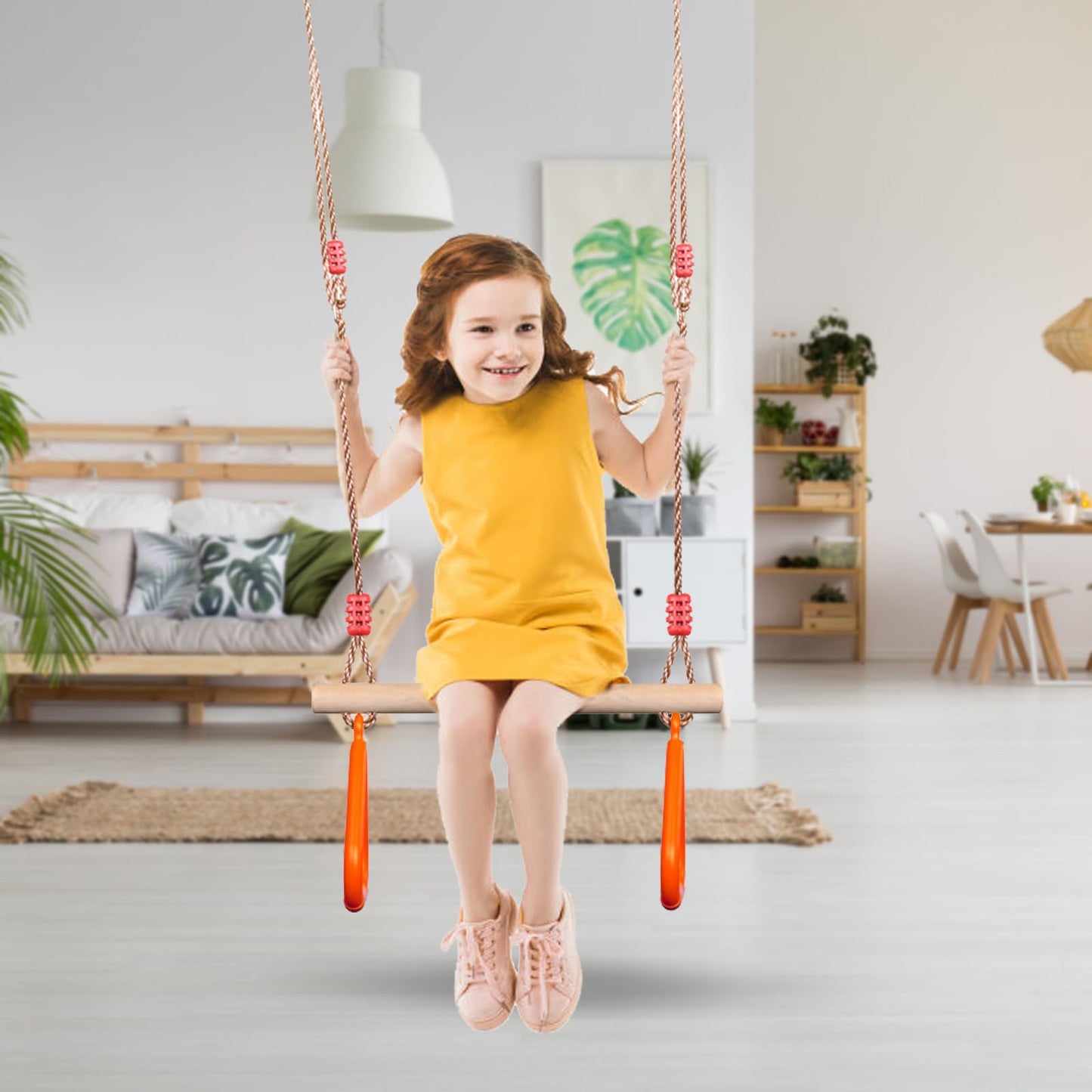 PELLOR Multifunctional Kids Wooden Trapeze Swing with Plastic Gym Rings, supports up to 160KG.