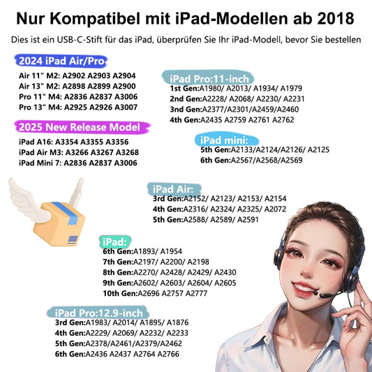 Pencil 1st generation for iPad (2018-2025): with USB-C fast charging capability & tilt sensitivity. Stylus for Nintendo DS. Compatible with iPad 6/7/8/9/10/11, Air 3/4/5/M2/M3, Mini 5~7, Pro 11"/12.9"/M4.