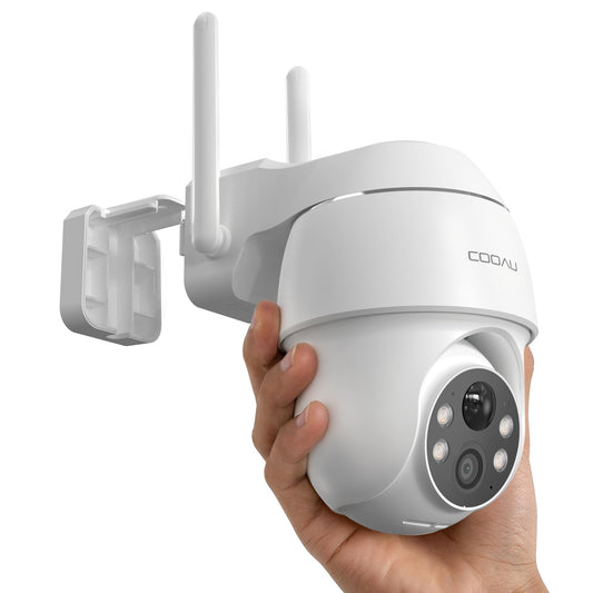 COOAU 2K outdoor battery-powered security camera, 355°/90° rotatable, wireless WLAN IP camera with color night vision, person/motion detection, IP66 waterproof, cloud storage.