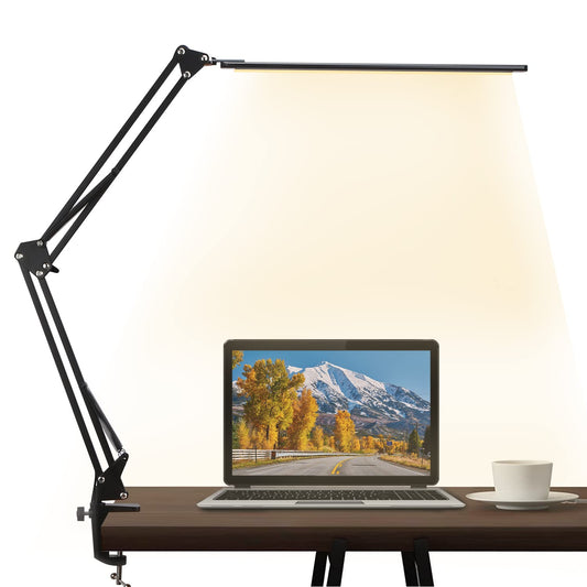 LED desk lamp, dimmable and clippable architect lamp with swing arm, memory function, and USB port. Office table lamp with 3 color temperatures and 10 brightness levels for reading, working, learning. 12W.