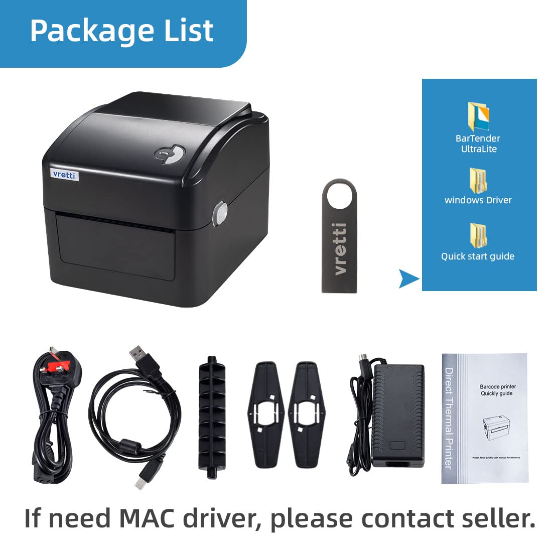 Vretti USB label printer with XXL paper tray - label printer for DHL shipping labels, compatible with Windows/mac/ChromeOS/Linux, 99.99% barcode scan rate, without separate holder.