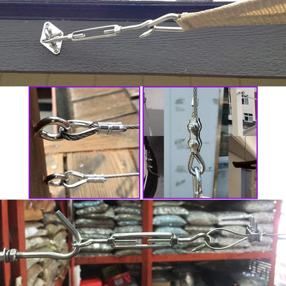 Leaum 30 piece turnbuckle M4 wire tensioner set, with stainless steel turnbuckle M4, 3mm stainless steel wire rope clamp, 3mm wire rope thimble, and 3mm aluminum ferrule for tightening tensioned rope.