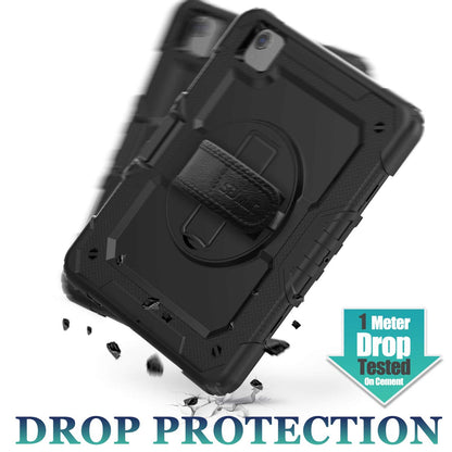 SEYMAC stock case for iPad Air 5th/4th generation 10.9 inch, shockproof protective cover with pencil holder, screen protector, 360° rotatable stand/hand strap, shoulder strap, black.