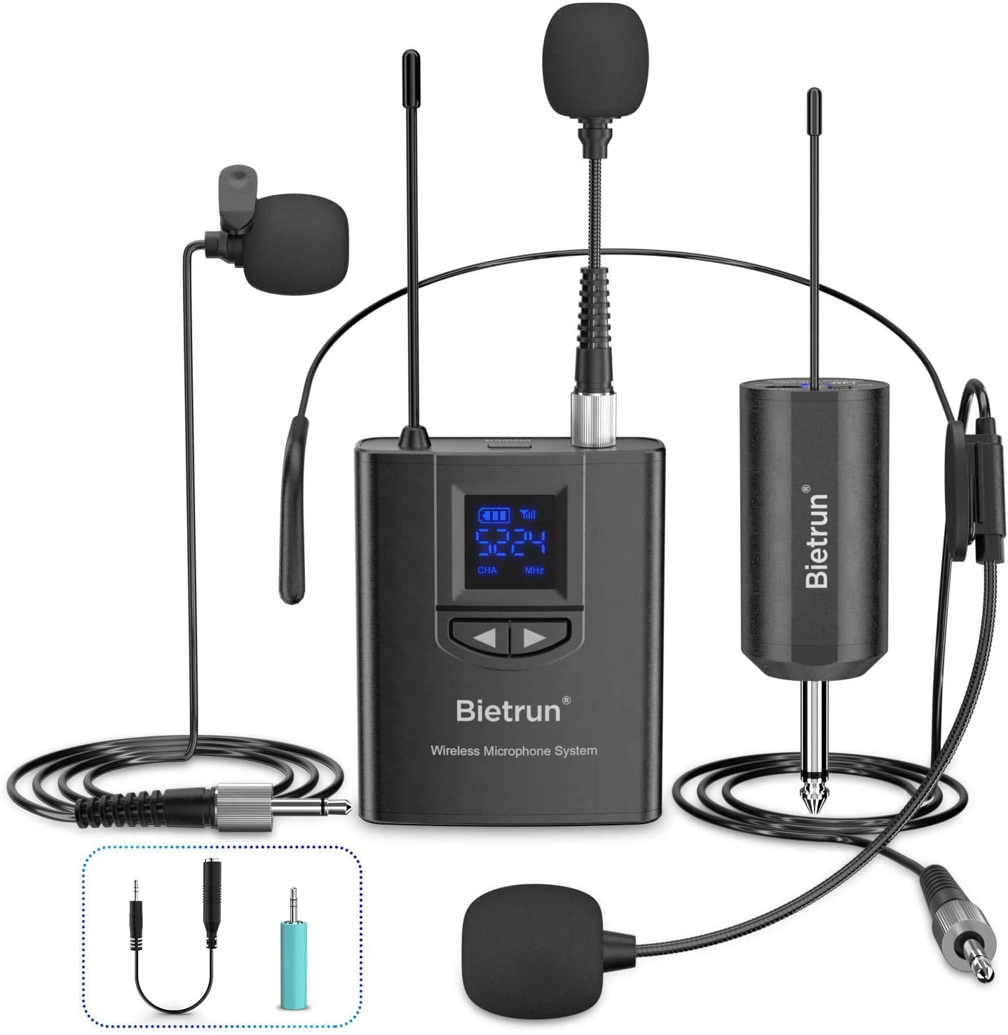 Wireless UHF Lavalier Microphone Headset, rechargeable, 50m range, with 6.35mm/3.5mm plug for amplifiers, PA systems, mixers, PCs, cameras, lectures, vlogs, teaching, interviews.
