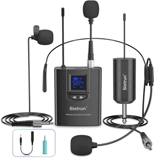 Wireless UHF Lavalier Microphone Headset, rechargeable, 50m range, with 6.35mm/3.5mm plug for amplifiers, PA systems, mixers, PCs, cameras, lectures, vlogs, teaching, interviews.
