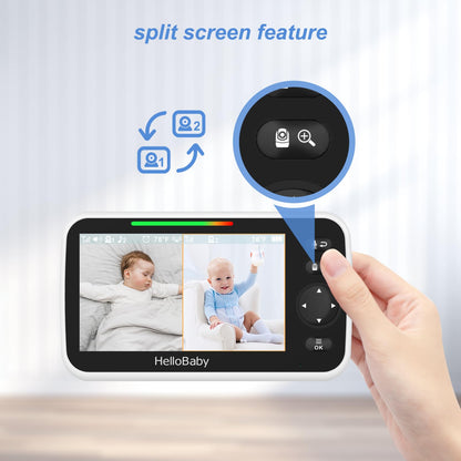 HelloBaby Video Baby Monitor, 5-inch split screen with dual cameras, remote control cameras with night vision and temperature monitoring, ECO mode, two-way talk.