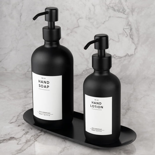 MONOKO 2-pack soap dispenser in black matte glass with tray | 500/250ml kitchen dish soap dispenser | refillable bottles | stainless steel pump head | pump bottle + sticker