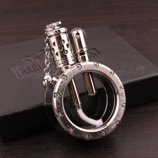 Handcrafted pure copper gasoline lighter quartz visible transparent oil tank lighters portable round vintage antique collection gift for men (Color: Silver)