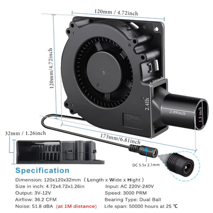 GDSTIME 120mm fan 230V radial fan 120mm x 32mm turbine fan double ball bearings 4V -12V adjustable turbines turbo for PC computer 3D printer BBQ inflatable fireplace picnic laser cutter