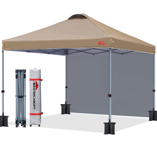 MASTERCANOPY 2.5 x 2.5m Pop-up Canopy Folding Tent with Vent & 1 Sidewall for Market, Garden, Events, Khaki