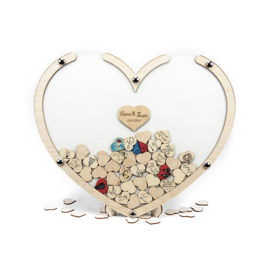 "Wooden heart guest book personalized 50x42x1.5cm | includes 100 hearts for writing | Wedding guest book with acrylic glass | The unique eye-catcher Made in Germany!"