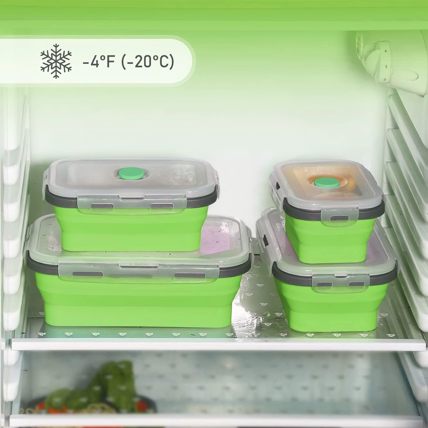 Collapsible silicone storage container with lid, portable bento box for space-saving, microwave-safe, 4-piece set, green.