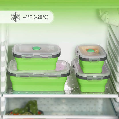 Collapsible silicone storage container with lid, portable bento box for space-saving, microwave-safe, 4-piece set, green.
