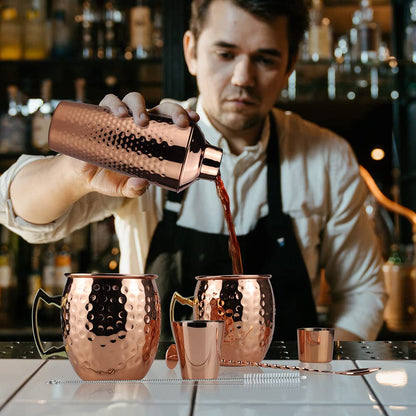 Recent Cocktail Shaker Set with 750ML Shaker, Moscow Mule Cup Set with 2 Copper Cups 500ML, Measuring Cup and Bar Spoon, Premium Copper-Stainless Steel Bar Accessories for Men and Women.