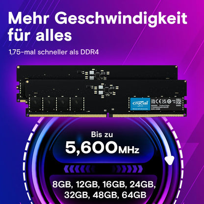 Crucial DDR5 RAM 16GB 5600MHz, PC computer memory, (also available in 5200MHz / 4800MHz) CL46 - CT16G56C46U5