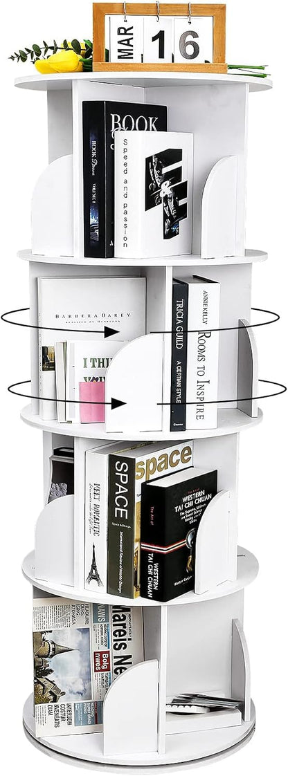 YGYQZ Rotary Bookshelf for Home with High-Density Tall Bookcase. Modern 360° Rotating Storage Display Rack with Baffle for Bedroom, Living Room, Study, or Office. White, 4 Tier Floor Standing Shelves.