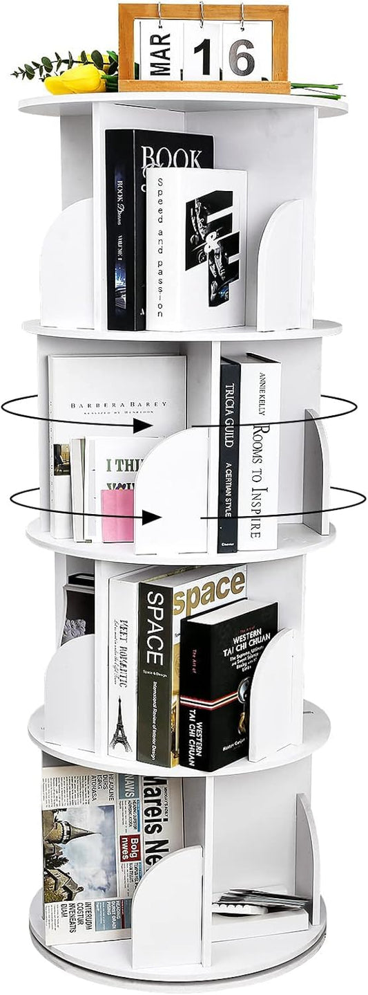 YGYQZ Rotary Bookshelf for Home with High-Density Tall Bookcase. Modern 360° Rotating Storage Display Rack with Baffle for Bedroom, Living Room, Study, or Office. White, 4 Tier Floor Standing Shelves.