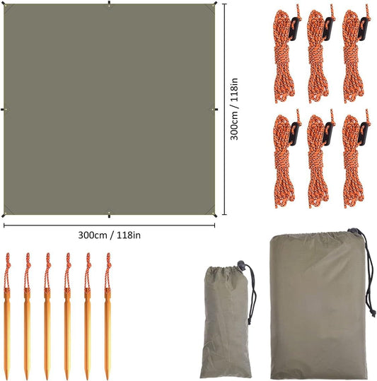 Tarp, hammock tarp for outdoor camping, 3m x 3m waterproof tarp with eyelets + 6 stakes + 6 ropes, rain protection sun shade hammock tent groundsheet.