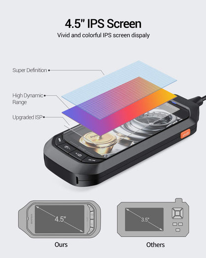 DEPSTECH Dual Lens 1080P Endoscope Camera with Light, Endoscope with 4.5-inch IPS screen, HD Inspection Camera with 6 adjustable LED lights, 3500mAh battery, 32GB TF card, carrying case, Pipe Camera (5M)