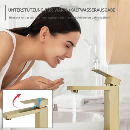 DETBOM Bathroom Faucet Gold, High Basin Faucet made of stainless steel, High spout height 250 mm, with low-noise ceramic valve core, Mixer Tap for Hot and Cold Water Adjustable