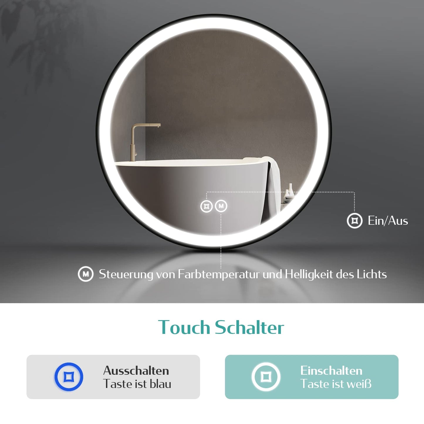 EMKE Round 60 cm bathroom mirror with lighting, touch control, 3 light colors, dimmable, memory function, adjustable strap, and 3-hour auto shutdown. IP44 bathroom mirror.