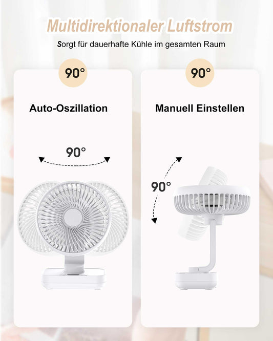 Joneytech Fan Quiet Automatic Oscillating, 4000mAh Battery USB Desk Fan 4 Speeds for Desk, Home, Picnics, and Office - LED Digital Display, 12V Mini Fan.