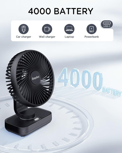 EasyAcc Table Fan, 4000 Battery Automatic Oscillating Small USB Fan, Portable Rechargeable Base Fans with 4 Speeds for Camping, Office, Library, and Home - Black