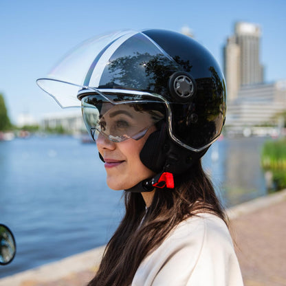 VINZ Parchi Jet Helmet with Dual Visor | Scooter Helmet Fashion Helmet with Stripes | Available in sizes XS-XXL | Jet helmet with sun visor | ECE 22.06 Certified | Motorcycle Helmet with Visor - Black