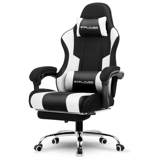 GTPLAYER fabric gaming chair, office chair with massage gaming armchair ergonomic gamer chair with footrest, headrest massage lumbar cushion, padded gaming chair, swivel chair, white