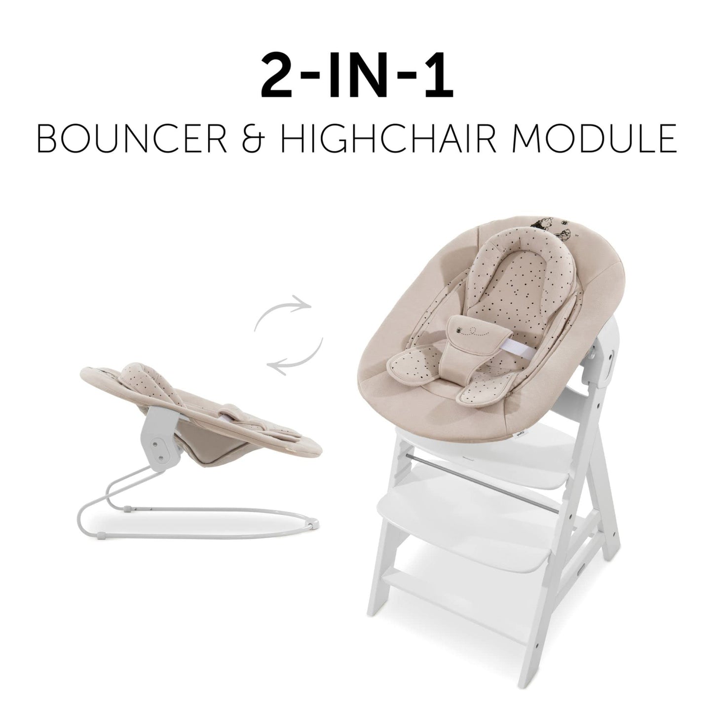Hauck 2in1 Baby Bouncer & Newborn Attachment for Alpha+ & Beta+ Wooden Highchair Alpha Bouncer 2in1, from birth up to 9 kg, 3-point hip belt, seat reducer, rocking frame (Disney Winnie the Pooh Beige)