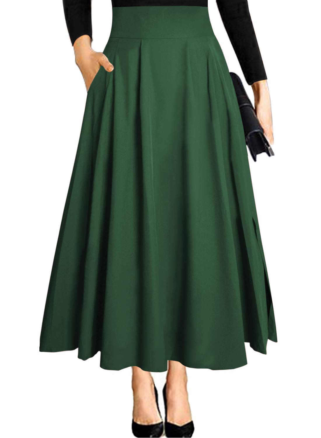 Dark green women's traditional skirt high waist midi A-line long wide elegant traditional festive maxi skirt with slit pockets pleated skirt pleated skirt lightweight beach skirt summer skirt S