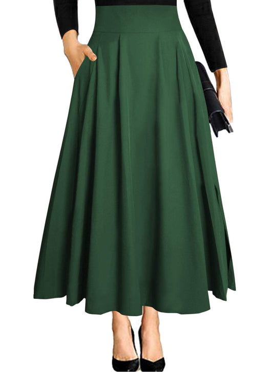 Dark green women's traditional skirt high waist midi A-line long wide elegant traditional festive maxi skirt with slit pockets pleated skirt pleated skirt lightweight beach skirt summer skirt S
