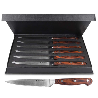Navaris 6x Steak Knife Set with Wood Handle - Cutlery Knife 6-piece Set - Cutlery Set made of Stainless Steel and Wood with Gift Box - Serrated Edge Steak Cutlery