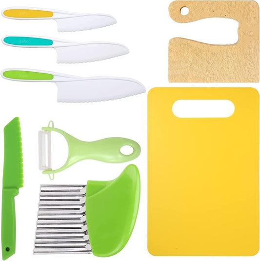 Leking 8-Pcs Wooden Children's Kitchen Knife, Plastic Children's Knife Set includes Wooden Child Safe Knife, Serrated Edge Plastic Knife, Potato Cutter, Sandwich Cutter, Y Peeler, Cutting Board