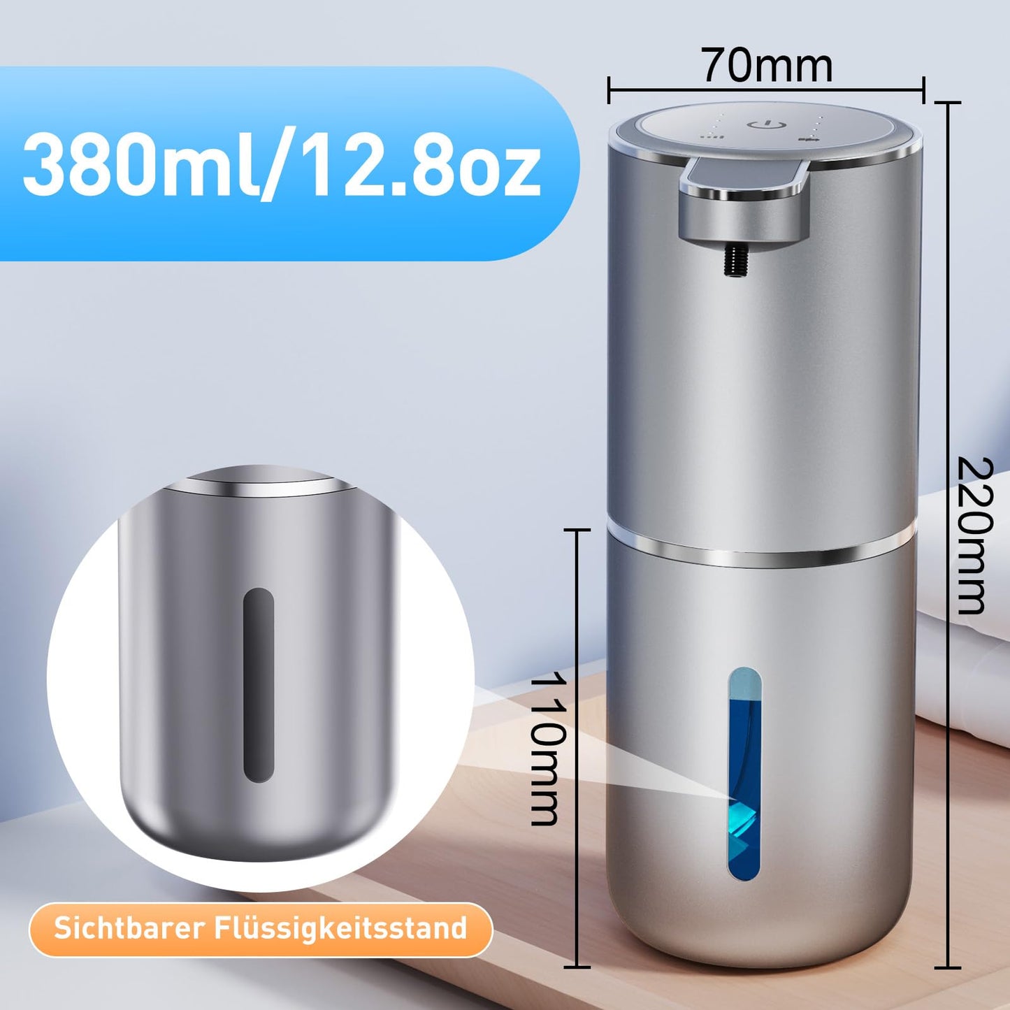 Fantictas automatic wall mounted soap dispenser with infrared sensor, 380ml electric soap dispenser without drilling, USB rechargeable, IPX5 waterproof for bathroom toilet kitchen - silver