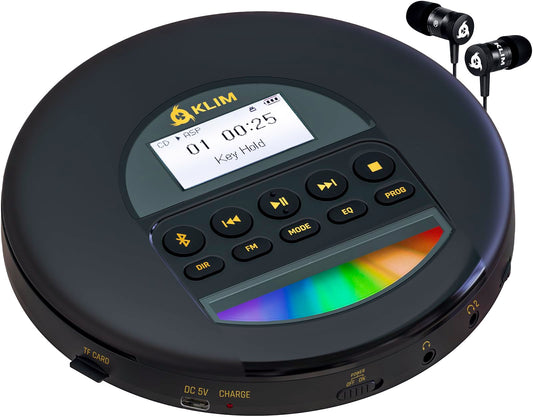 KLIM Nomad CD Player Bluetooth - Portable CD player Discman with long-lasting battery - Includes headphones - CD-R, CD-RW, MP3 - With TF reader, FM radio - Ideal for cars - Portable CD player Discman