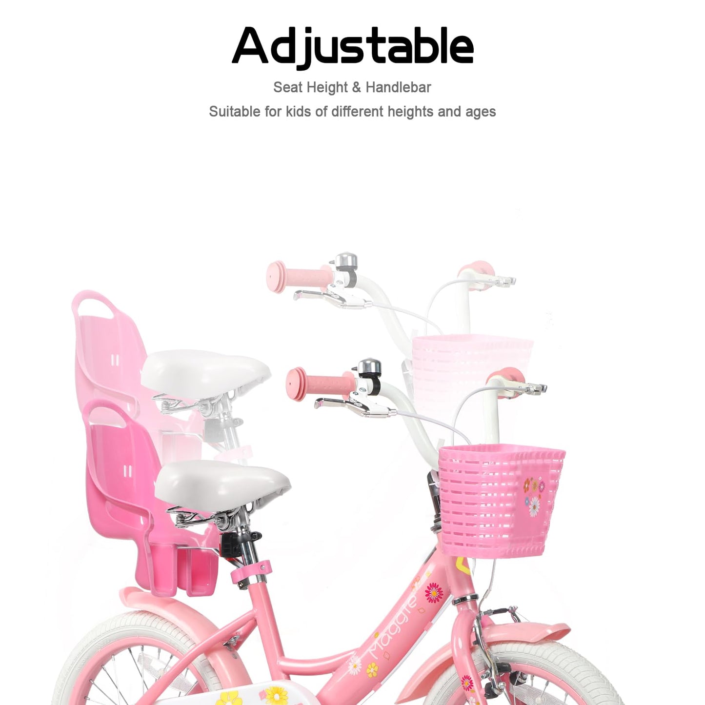 Glerc Maggie 16 inch kids' bike for 4-7 year old girls. Princess style with doll seat, basket, training wheels, and bell. Perfect birthday gift, in pink to white.