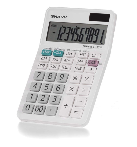 SHARP desk calculator with angled display (10-digit screen, solar/battery-powered) white SH-EL330W