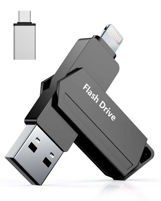 iPhone 512GB MFi Certified 3-in-1 USB 3.0 Lightning External Memory Type C Photostick Storage Stick for iPhone/iPad/iOS/Android/Mac/PC - External Storage (Black)